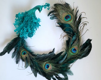 Long tail Peacock bird Teal/Green on clip for Wreath, Home décor, Garden, Costumes, Floral arrangements, crafts, Halloween, Xmas decorations