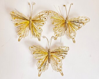 3 Gold 6" Mesh butterflies with crystals on clip, gold Xmas butterflies Ornament, cake topper, floral accent