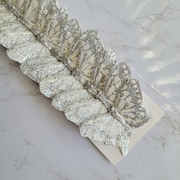 12 3" Feather Silver glitter Butterflies 5 inch - Artificial Feather butterflies- Metallic butterfly - weddings -cake toppers, craft, Xmas,