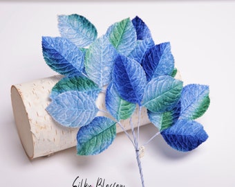 Vintage Velvet Leaves Spray from Japan, 18 Ombre Blue Green Millinery, wedding, costume, craft, floral, pin up girl, hat and fascinators