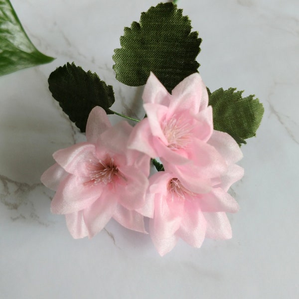 Small Silk Vintage Flowers Pale Pink Blossoms Bunch of Three with Leaves for corsages, brooches, hats, headbands, hair clips