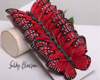 12 Red 5"  feather butterflies, wedding decorations, Floral accents home garden decoration, Cake Topper, Bridal Bouquet, Party Supplies