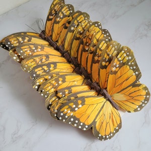 12 Large 7&quot; Monarch feather butterflies on wire for Costumes, floral accent, crafts, hats, home, garden, Xmas tree, cake topper