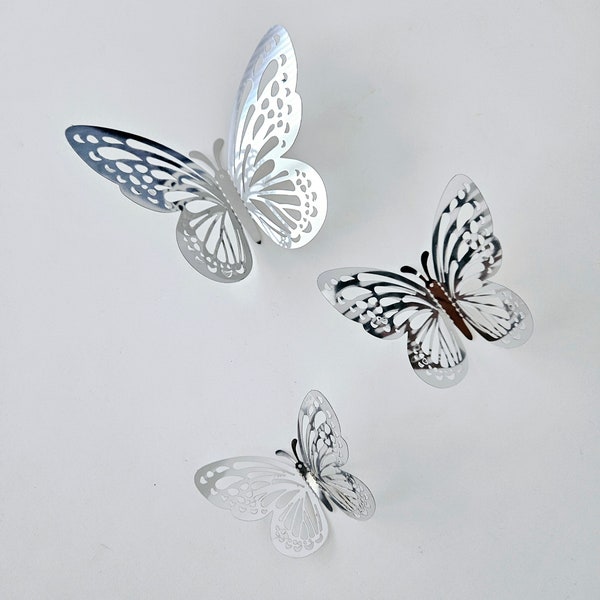 12 Pack mixed size Silver foiled 3D Monarch butterflies, Cake topper, wall, crafts, home decoration