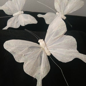 12 5&quot; White glittered feather butterflies, artificial decorative butterflies, floral arrangements, wedding decoration