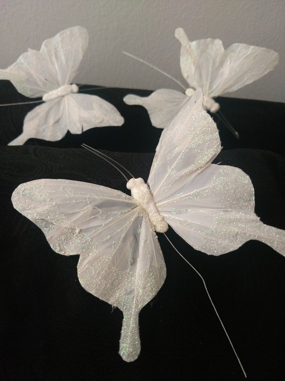 12 papillons à plumes blanches scintillantes de 5, papillons décoratifs  artificiels, arrangements floraux, décoration de mariage -  France