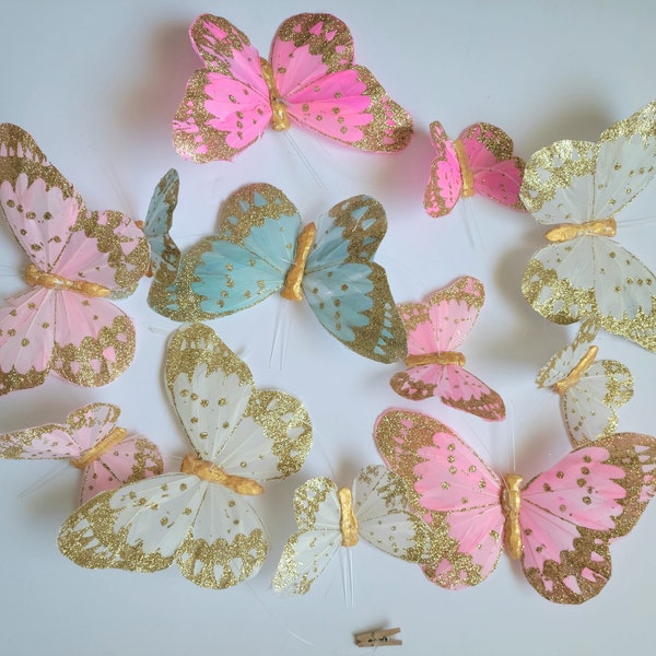 String Pastel/Gold Feather Butterfly Garland, Wedding Decorations, Artificial Butterflies, String of Butterflies , party, wall decoration