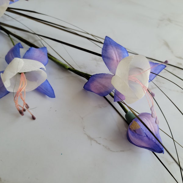 Pretty Vintage Silk Fuchsias Violet/Blue/White Flowers Spray of 3 and Meadow Grass for Hats, Fascinators, home décor, crafts