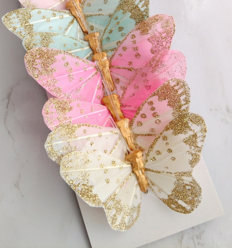 12 3 Pastel glitter feather Butterflies, pastel baby cake topper, craft supplies, home wedding decorations image 3