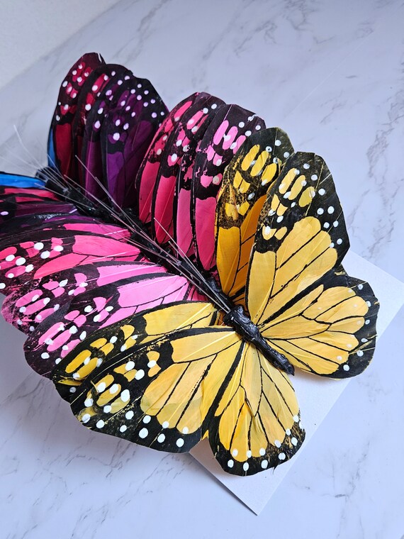 12 Large 7 Monarch Feather Butterflies on Wire for Costumes, Floral Accent,  Crafts, Hats, Home, Garden, Xmas Tree, Cake Topper 