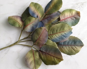 Vintage Rose Leaves Spray of 18 Green/Blue/Mauve shaded NOS Germany for Hats, Fascinators, Crafts Gowns, bouquets