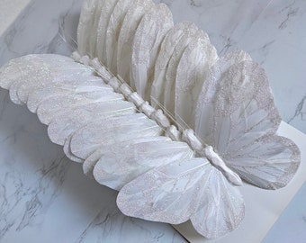 12 Large 7" White glittered feather butterflies on wire for Costumes, floral accent, crafts, hats, home, garden, Xmas tree, weddings