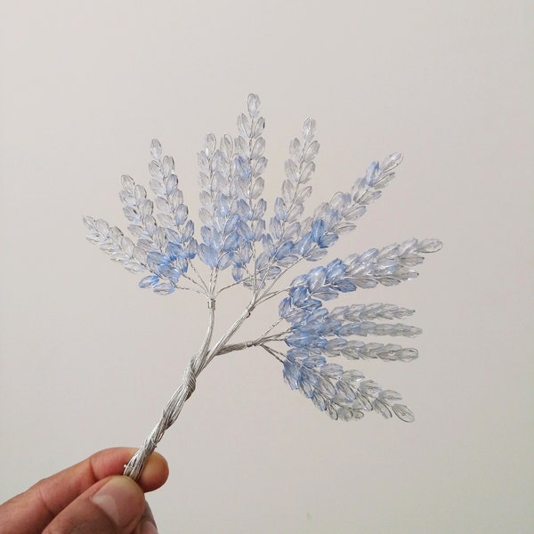 3 Ocean Blue shaded Crystal beaded leaf spray floral picks for millinery, weddings, Boutonniere , floral arrangements accents
