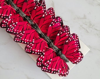 12 2" Red Monarch feather butterflies, pastel baby cake topper, craft supplies, home, wedding decorations, Floral, Hat accents, Halloween