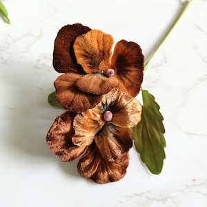 2 Vintage Velvet Pansies Millinery Flowers with Two shades of Brown bunch, Blossoms for Hats, hair clips, pin up girls, home decoration