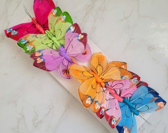 4" papillons de plumes multicolores sur fil pour gâteau, arrangements floraux, artisanat