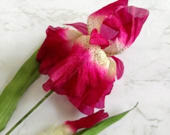 Pretty Vintage Iris and Bud Magenta Burgundy Fuchsia Silk Millinery Flowers from Germany Hand Painted Detail for Floral, Hats, bouquets