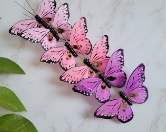 6 assortiments de papillons en plumes monarques violets/roses sur clip pour décoration de gâteau, décoration de jardin, accent de chapeau, floral, mariages