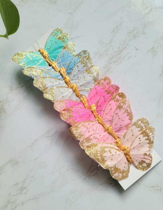 NEW 12 3" Pastel gold glitter feather Butterflies on wire, pastel baby cake topper, craft supplies, home decor, costume, floral accent
