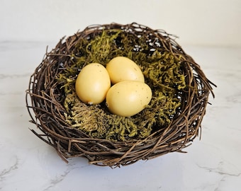 5.5" Natural branch Bird nest with moss and eggs.