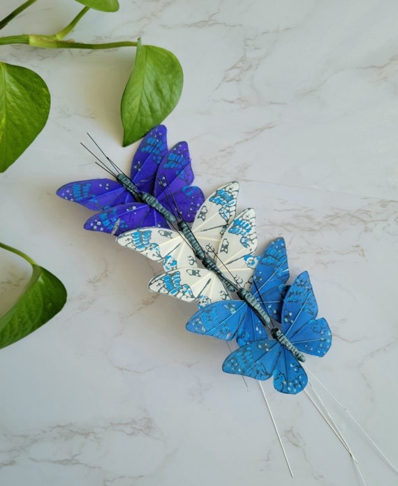 6 mariposas de plumas azules variadas de 3 en alambre para arreglos florales  acentos de sombrero de topper de pastel disfraces-decoración del hogar -   México