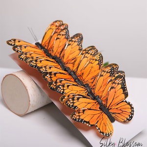12 Monarch 5&quot; feather butterflies, wedding decorations, Floral accents home garden decoration, Cake Topper, Bridal Bouquet, Party Supplies