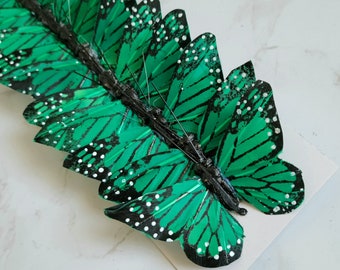 12 3" Emerald Green monarch feather butterflies on wire for global arrangements, birthday parties decoration, hats , costumes, cake topper