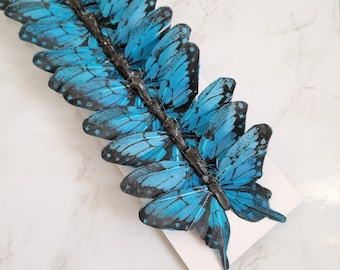 12 - 3" Teal Blue Feather butterflies, Artificial butterflies, Blue butterflies for cake toppers - millinery - weddings- floral arrangements