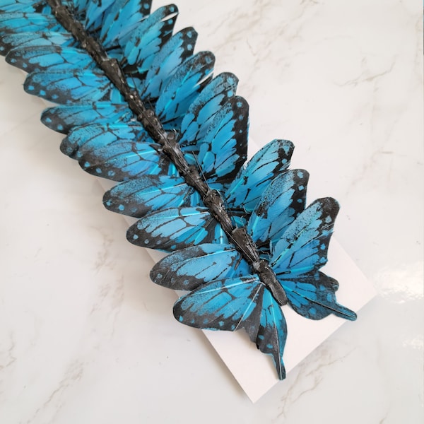 12 - 3" Teal Blue Feather butterflies, Artificial butterflies, Blue butterflies for cake toppers - millinery - weddings- floral arrangements