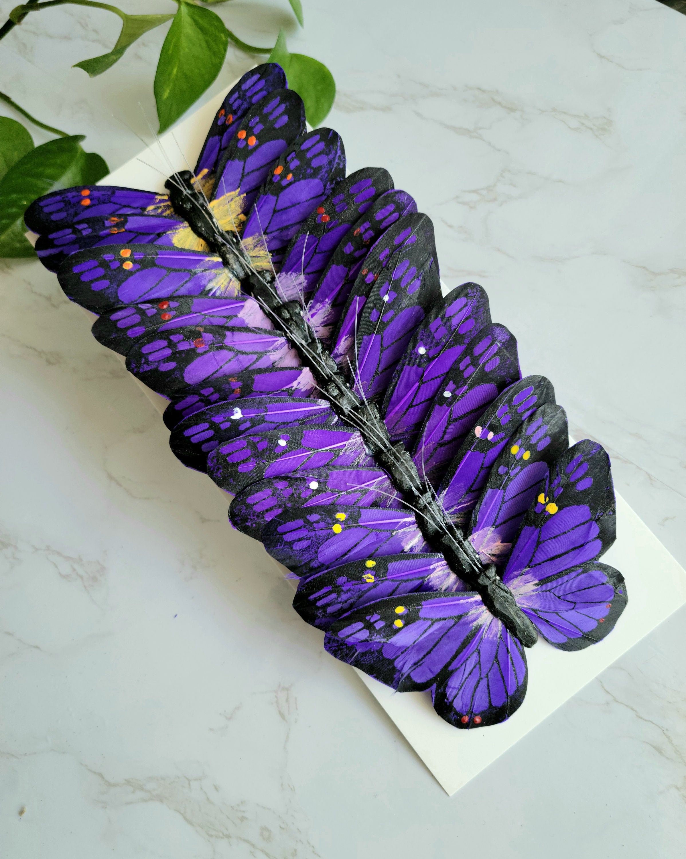12   4-3/4" Rich Deep Purple Feather Butterflies - Artificial Feather butterflies- Purple butterfly - scrapbooking- Cake Topper-Costumes