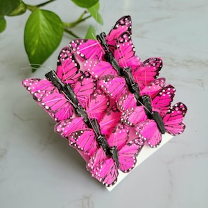 12  1.5" Hot Pink Feather Butterflies - Artificial butterflies- Pink Monarch butterfly-butterfly scrapbooking- Cake Topper, floral accents