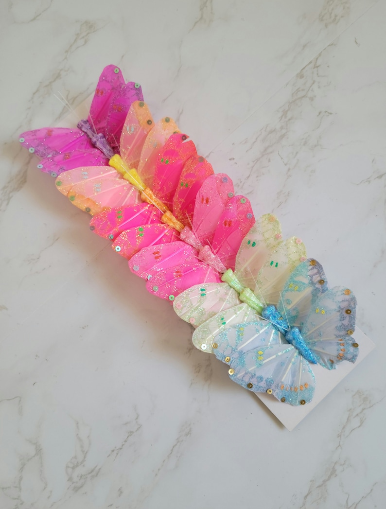 May include: A set of 10 colorful butterfly hair clips. The clips are made of sheer fabric with glitter accents and come in a rainbow of colors, including pink, orange, yellow, green, blue, and purple.