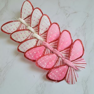 6 4&quot; Pink/white/Red mix feather butterflies on clip for home, garden decoration, crafts, floral.