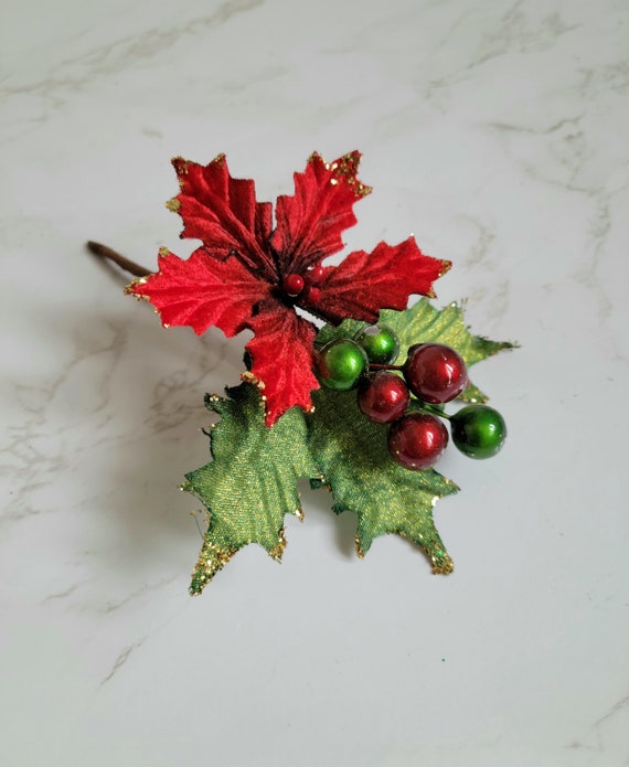 Weihnachten rote Blume Samt Weihnachtssterne mit glitzernden Blättern und Beeren für Handwerk Xmas Ornamente, Heimdekoration, Hausverzierungen, Hüte