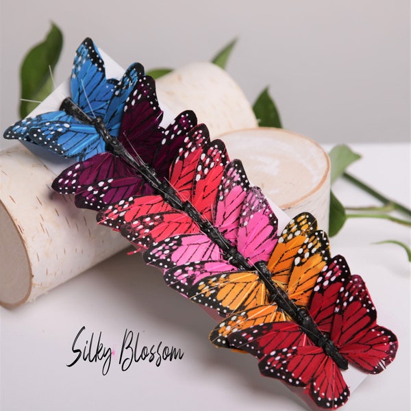 12 multi  3" feather butterflies, wedding decorations, Floral accents home garden decoration, Cake Topper, Bridal Bouquet, Party Supplies