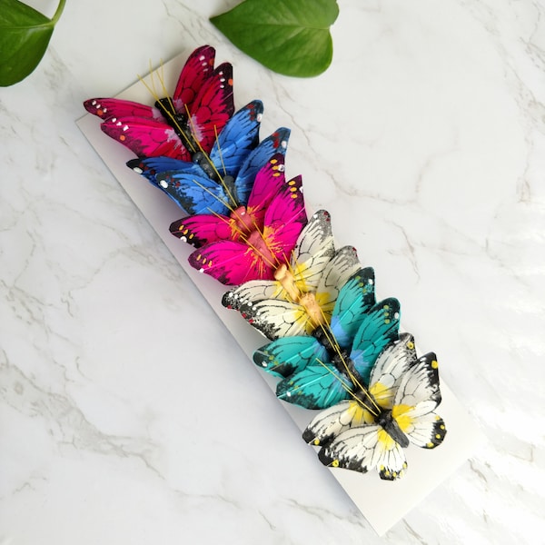 12 multi color 3-1/4 artificial feather butterflies for floral arrangements, weddings, costumes, spring home decoration, garden, hats