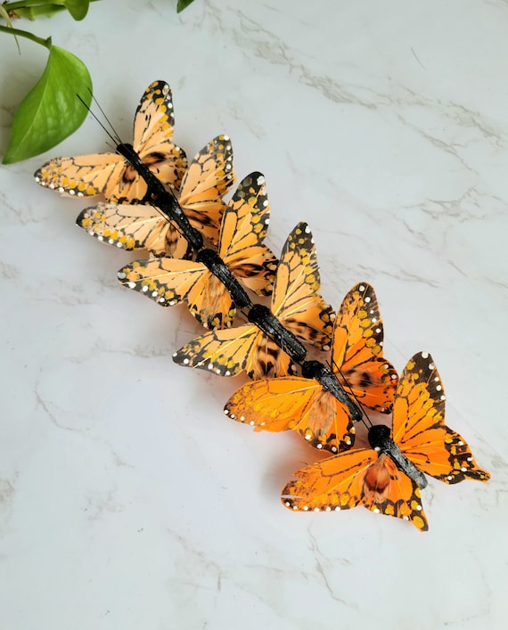 6 Shaded Orange/peach Monarch Feather Butterflies on Clip for Cake