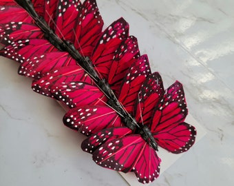 12 3"  Feather Red Monarch Butterflies - Artificial Feather butterflies- Purple butterfly - butterfly scrapbooking-cake toppers, craft
