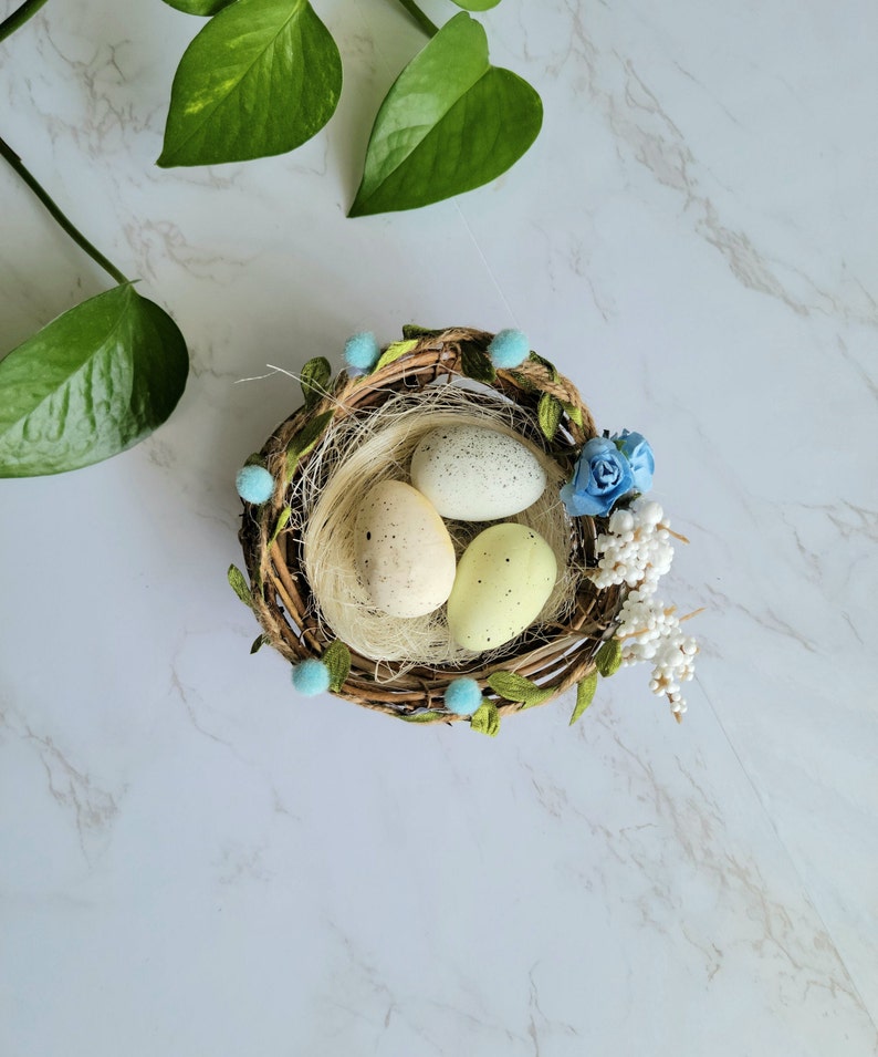 Pretty Light Blue Easter Bird Nest With Eggs and Flowers for Home ...