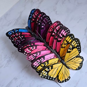 12 Large 7&quot; Multi Monarch feather butterflies on wire for Costumes, floral accent, crafts, hats, home, garden, Xmas tree, cake topper