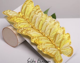 Borboletas de penas com glitter, amarelo dourado, 12,7 cm, decoração floral, 12 peças