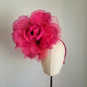 Large Fuchsia Rose fascinator with veil on a headband for Kentucky derby, mother of the bride, weddings, tea parties, Spring fascinator