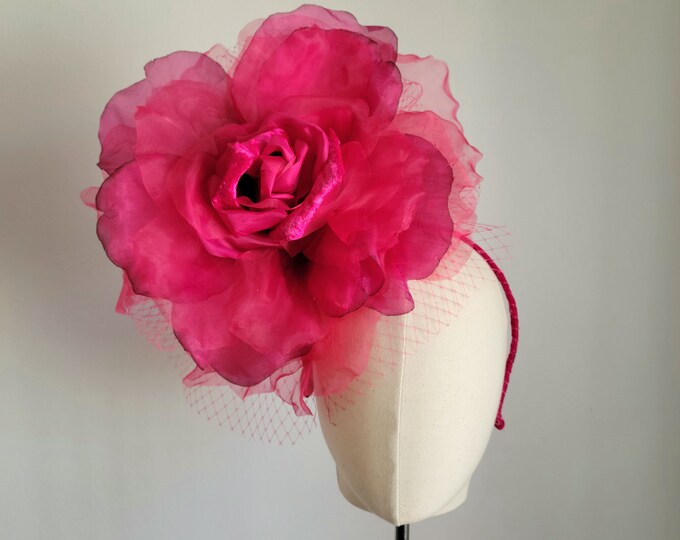Large Fuchsia Rose Fascinator With Veil on a Headband for Kentucky ...