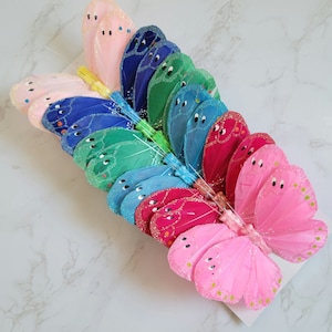 12 5&quot; assorted feather butterflies on wire for weddings, floral decorations, costumes, hats, home , cake topper