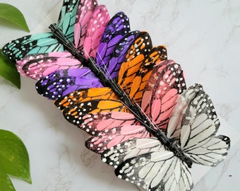 12 - 5" Multi color Monarch Feather Butterflies - Artificial Feather butterflies- Floral accent - scrapbooking- Cake Topper-Costumes