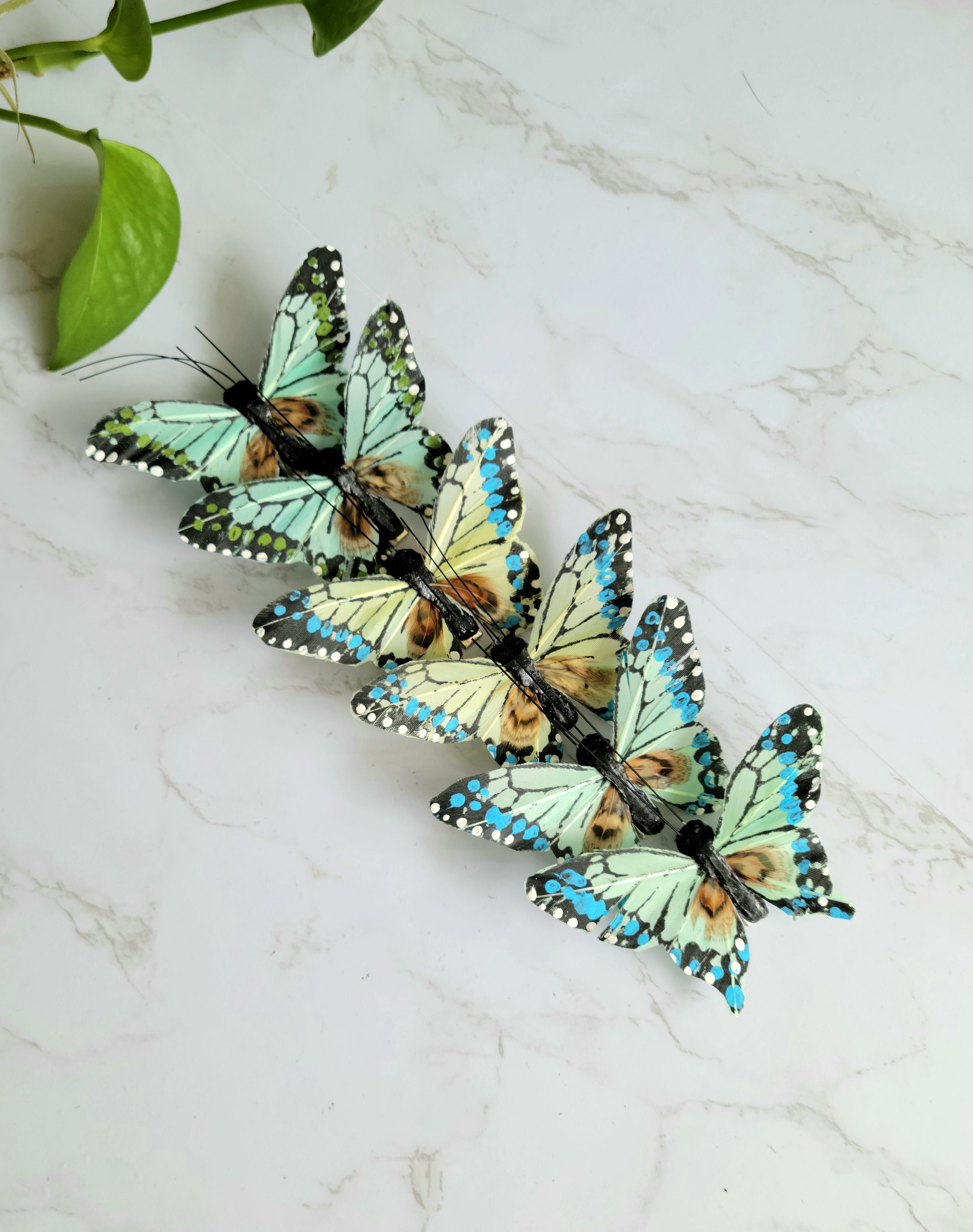 6 Aqua/green/mint Monarch Feather Butterflies on Clip for