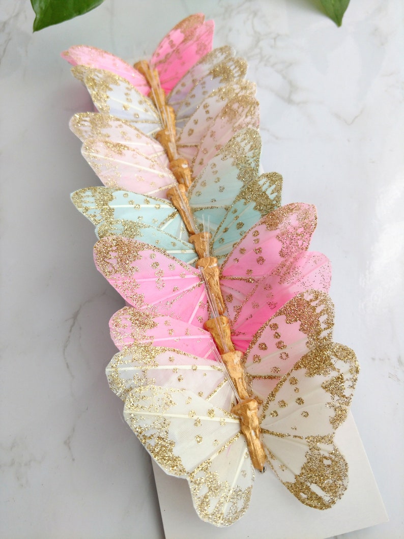 12 3 Pastel glitter feather Butterflies, pastel baby cake topper, craft supplies, home wedding decorations image 2