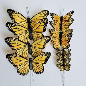 12 Set Assort Feather Monarch Butterflies on wire for Flower Arrangements, Halloween decor, Crafts Golden yellow Butterfly.