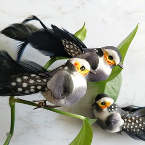 3 cute 5.75" Black/Grey/White bird  on clip with goose and guinea feathers for floral arrangements, millinery, costumes, garden, home.