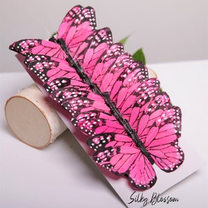 12 Hot Pink 5&quot; feather butterflies, wedding decorations, Floral accents home garden decoration, Cake Topper, Bridal Bouquet, Party Supplies